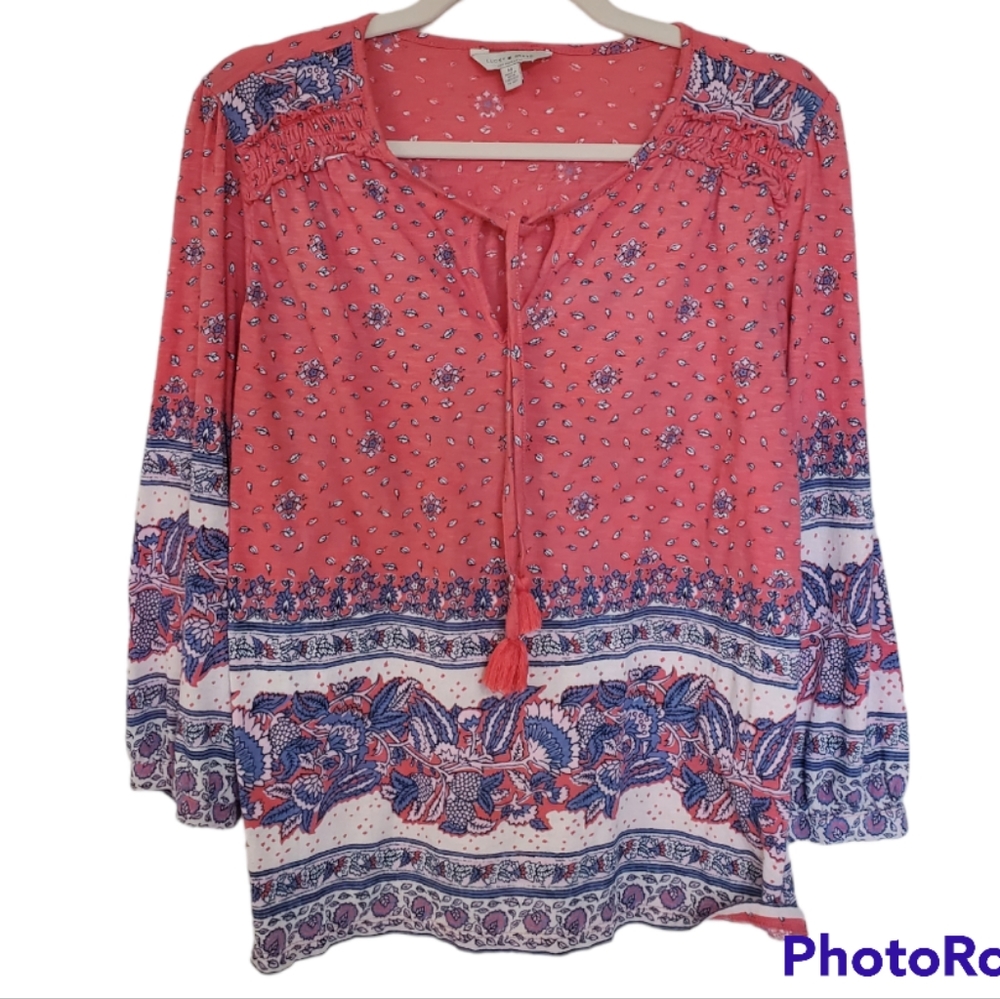 Lucky Brand Print Mix Boho Split Neck Peasant Blouse with Tassels Medium - Picture 6 of 6